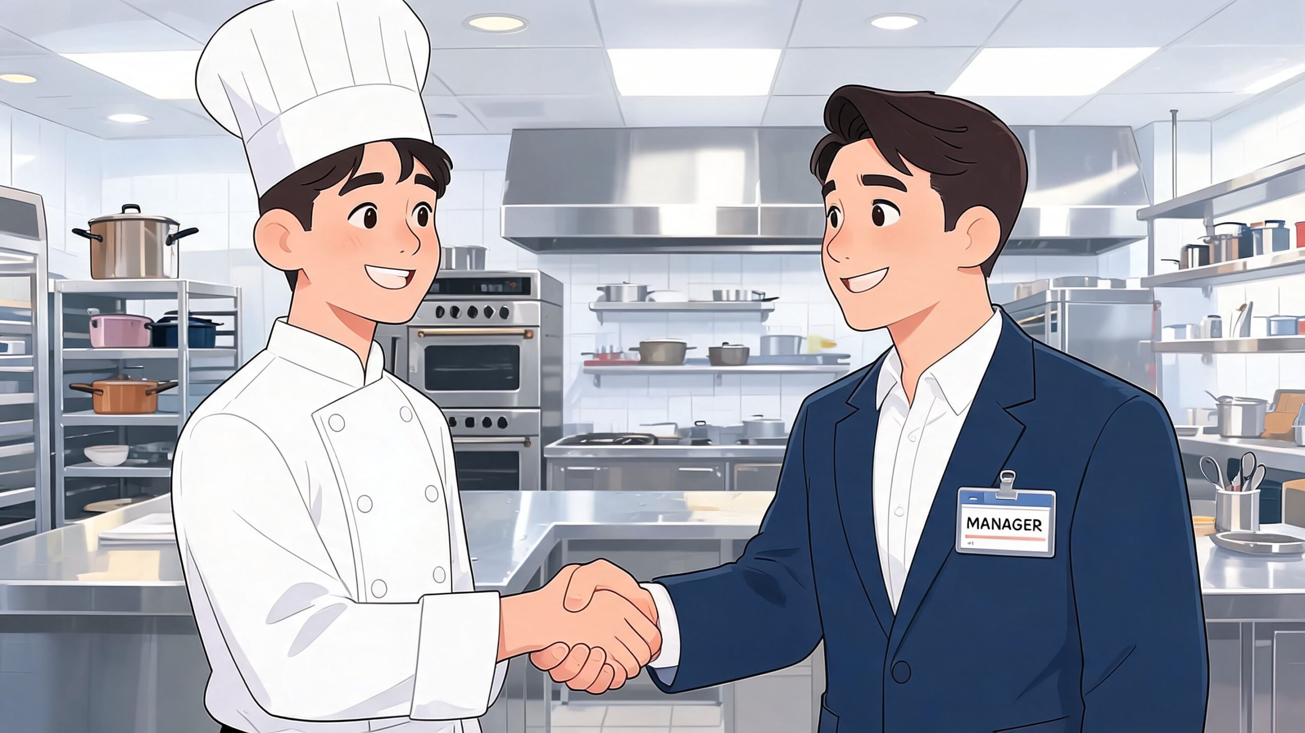 A professional chef in uniform shaking hands with a restaurant manager in a commercial kitchen setting.