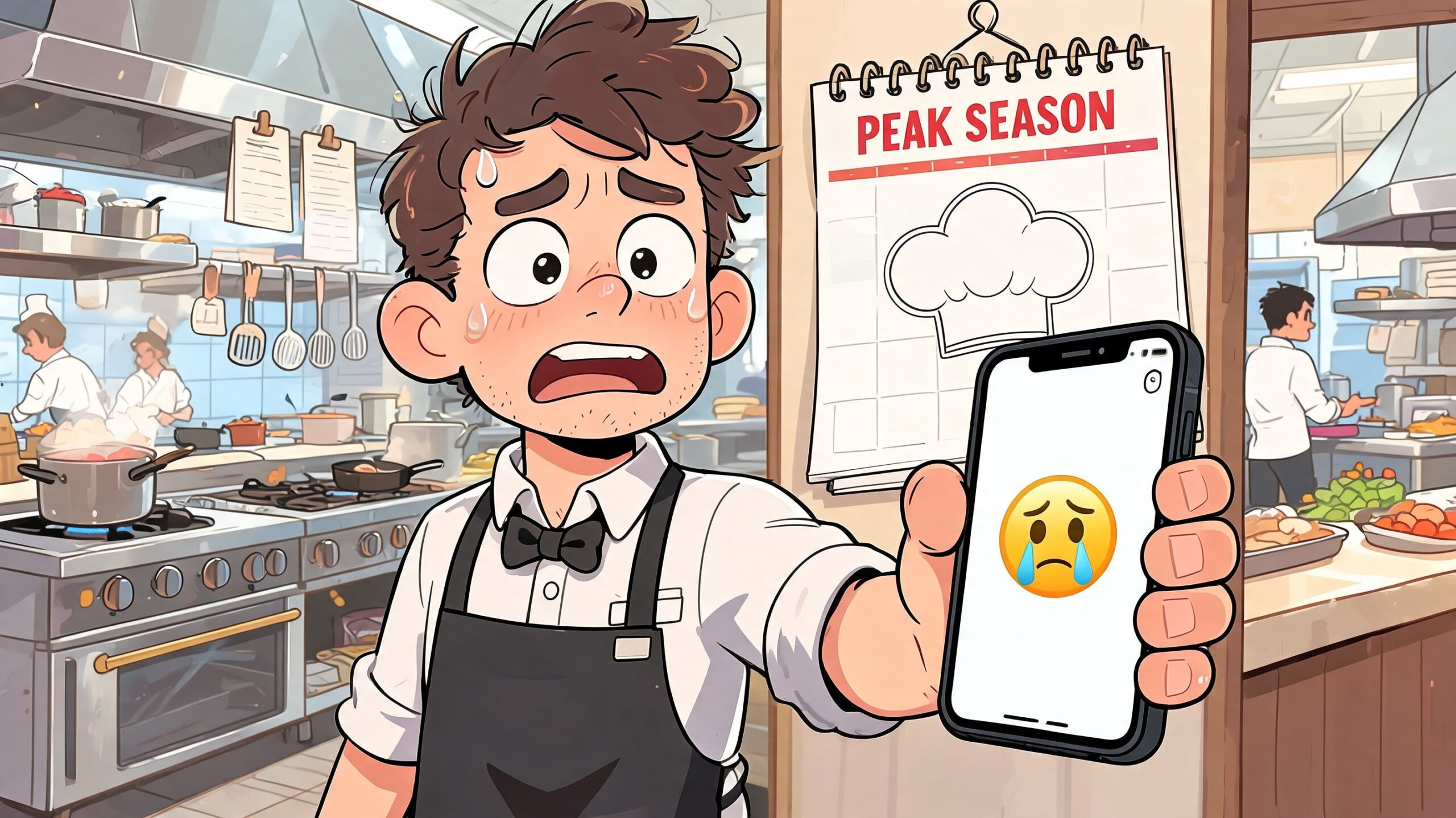 A stressed chef in a busy kitchen looking at a sad emoji on a mobile phone.