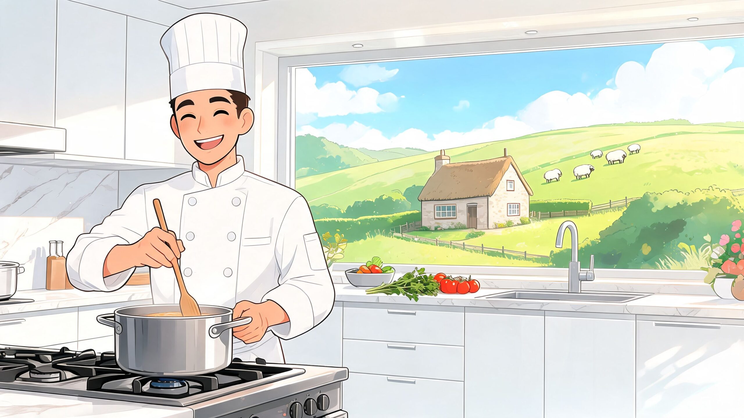 A joyful chef in uniform cooking in a bright kitchen with a beautiful countryside view of sheep.
