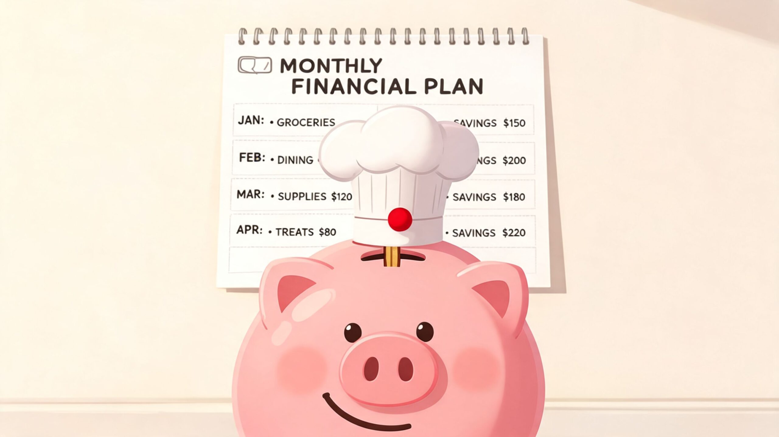 A smiling pink piggy bank wearing a chef hat against a monthly financial plan calendar background.