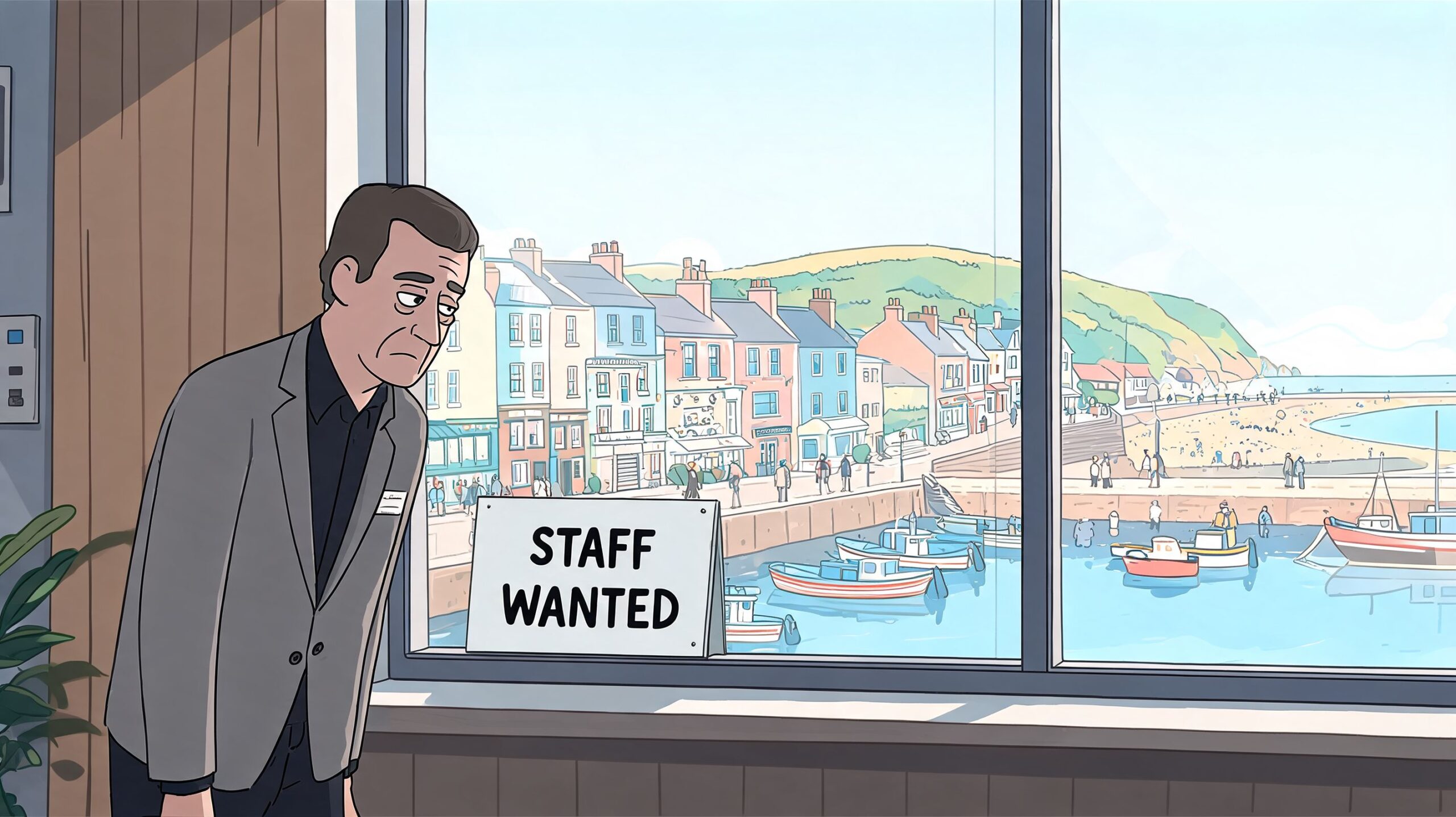 A weary looking man leaning against a window with a Staff Wanted sign overlooking a coastal harbor.
