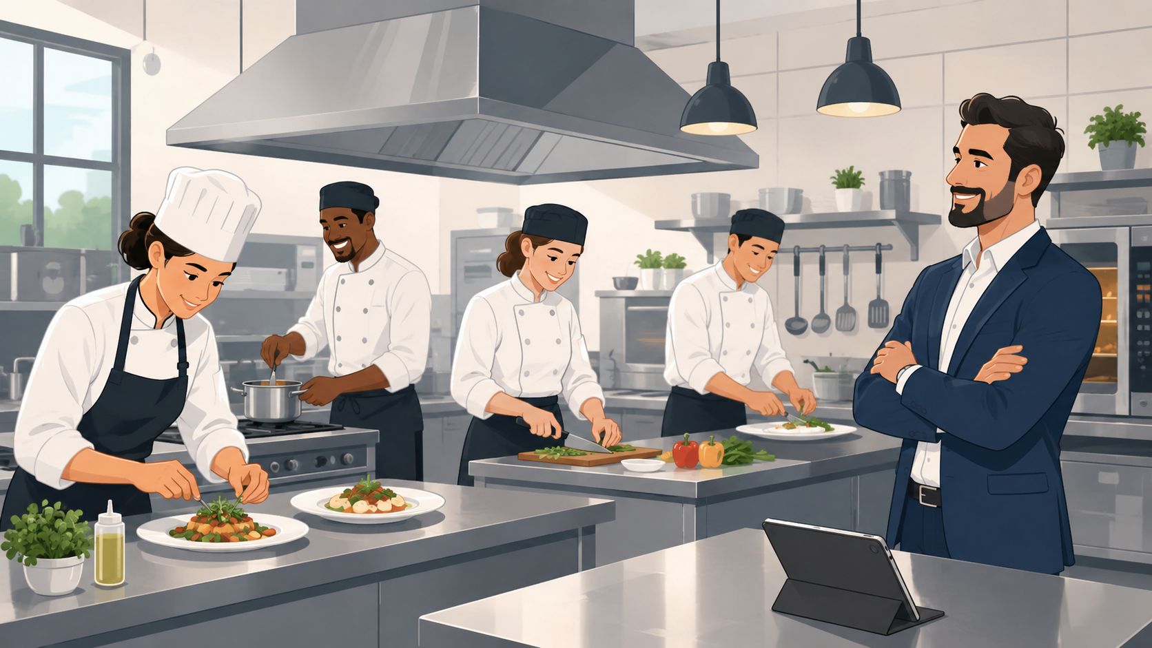 A professional manager observes a team of cheerful chefs cooking in a busy restaurant kitchen.