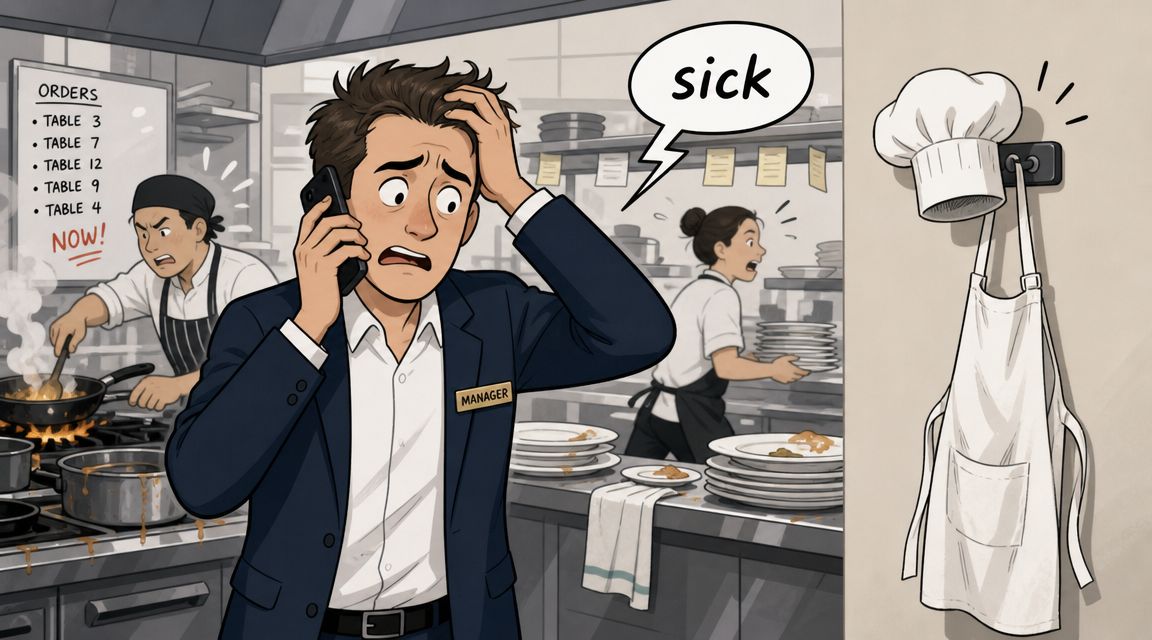 Stressed restaurant manager on a phone call as kitchen staff struggle with a busy shift.
