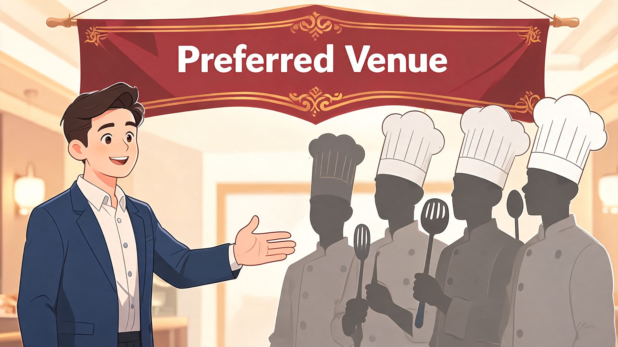 A professional man gesturing towards a group of silhouette figures wearing chef hats in a venue.