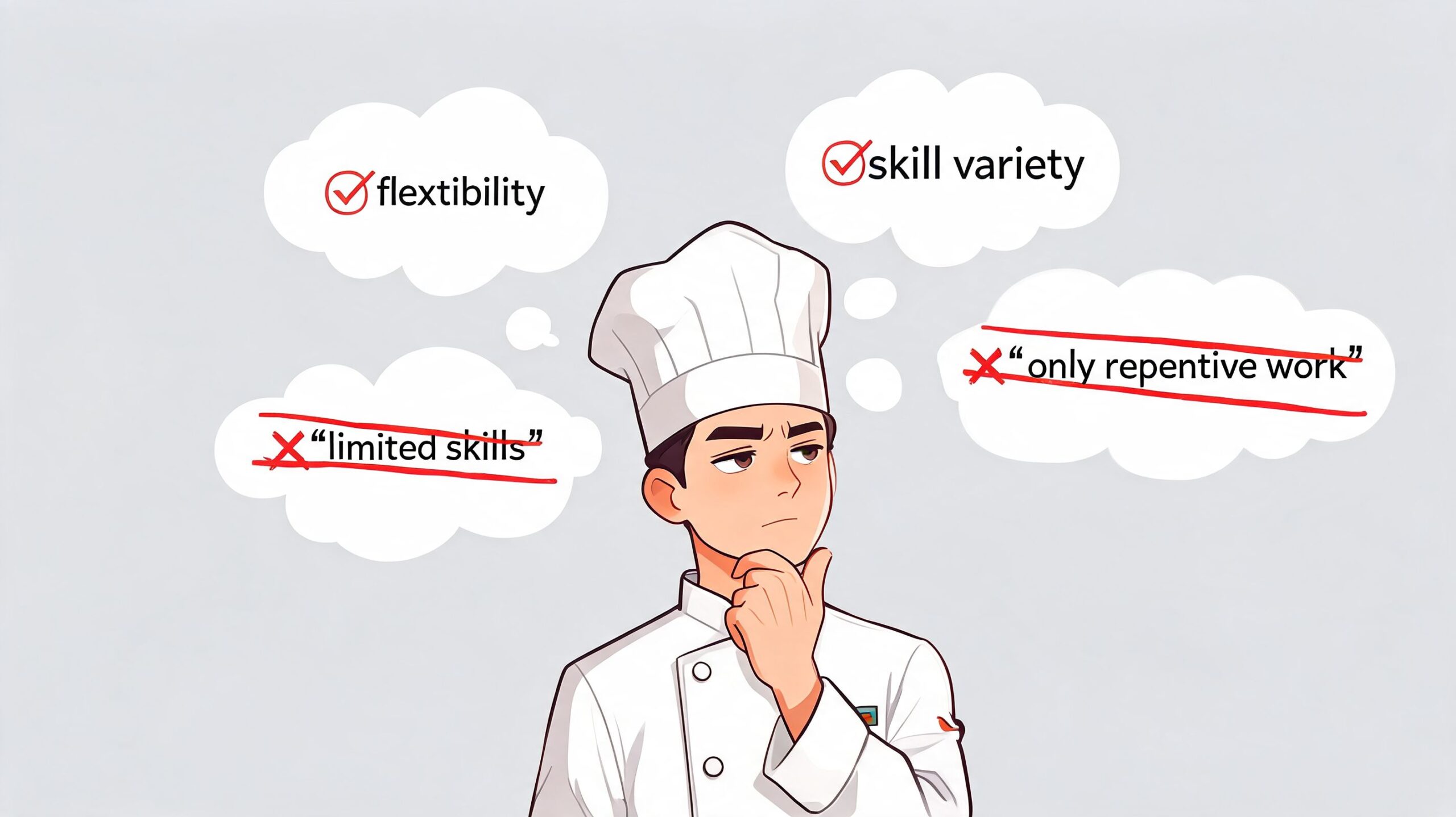 A professional chef in a white uniform contemplates career benefits, represented by speech bubbles with checklist items.