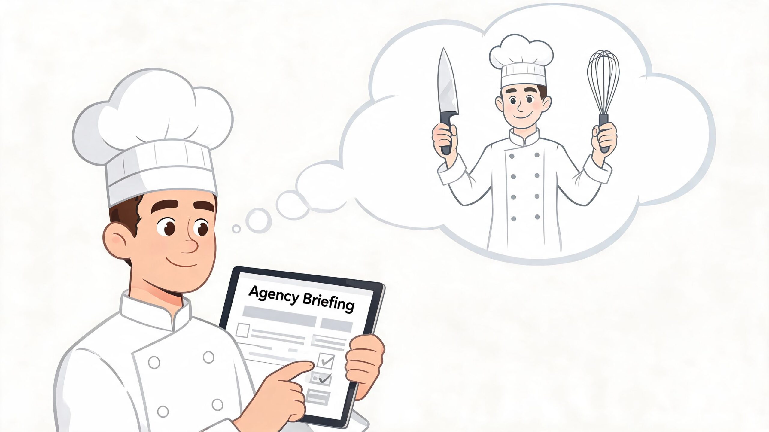 A professional chef reviewing an agency briefing document on a tablet while visualizing his culinary career goals.