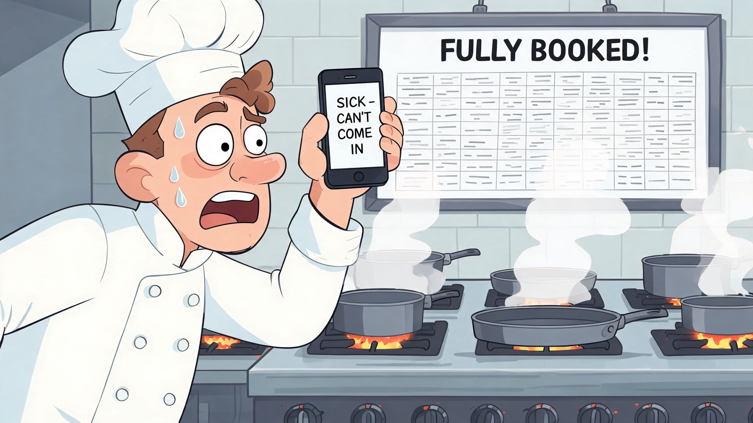 A stressed chef holding a phone that reads sick can't come in front of a busy kitchen.