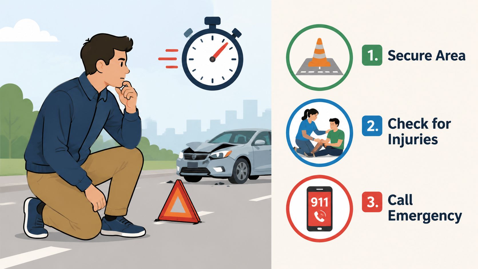 An illustration showing three steps to follow after a car accident: secure the area, check for injuries, and call emergency services.