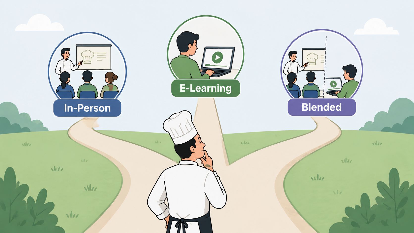 A professional chef deciding between in-person, e-learning, or blended training methods for allergen awareness.