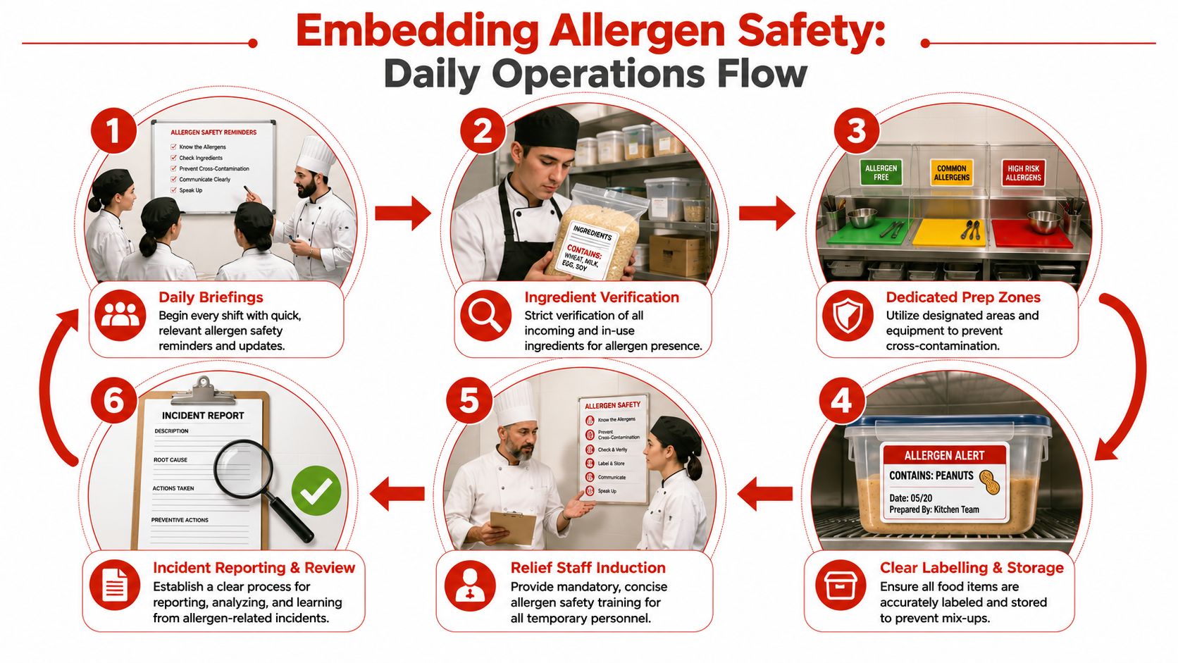 A six-step infographic showing standard operating procedures for food allergen safety management in a kitchen environment.