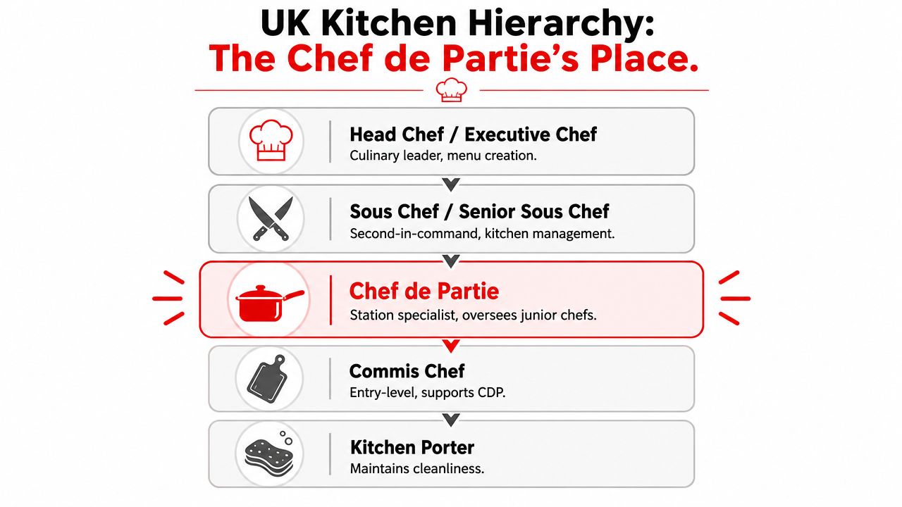 An infographic showing the hierarchical structure of a UK kitchen with Chef de Partie highlighted.