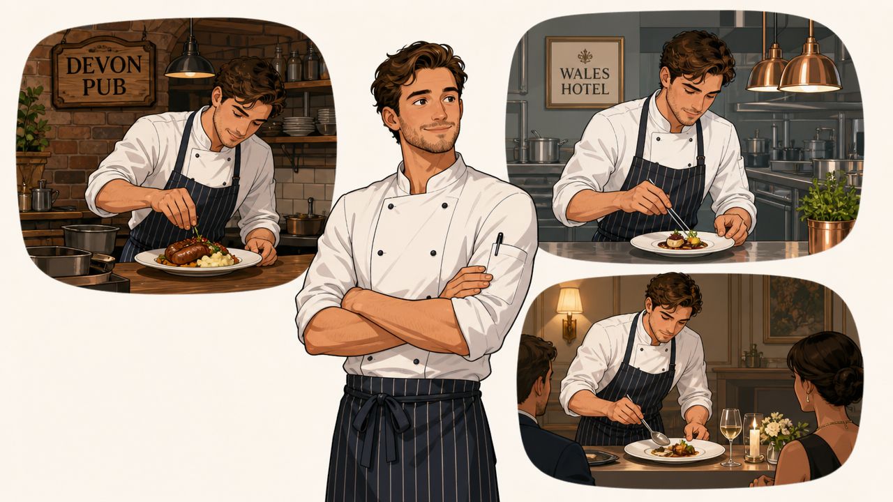 A professional chef demonstrating various tasks in different culinary settings including a pub and fine dining.