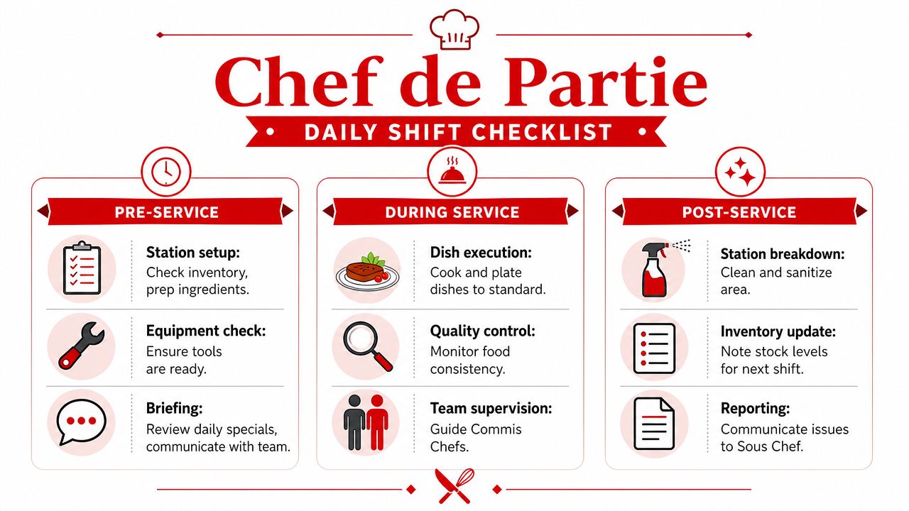 A structured daily checklist for a Chef de Partie including pre-service, during service, and post-service tasks.