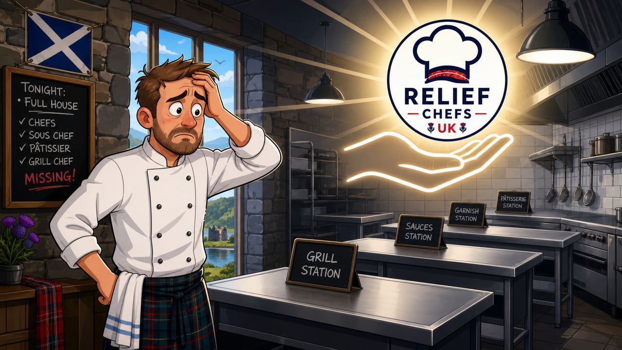 A distressed chef in a Scottish kitchen looking for help with missing staff at his restaurant.