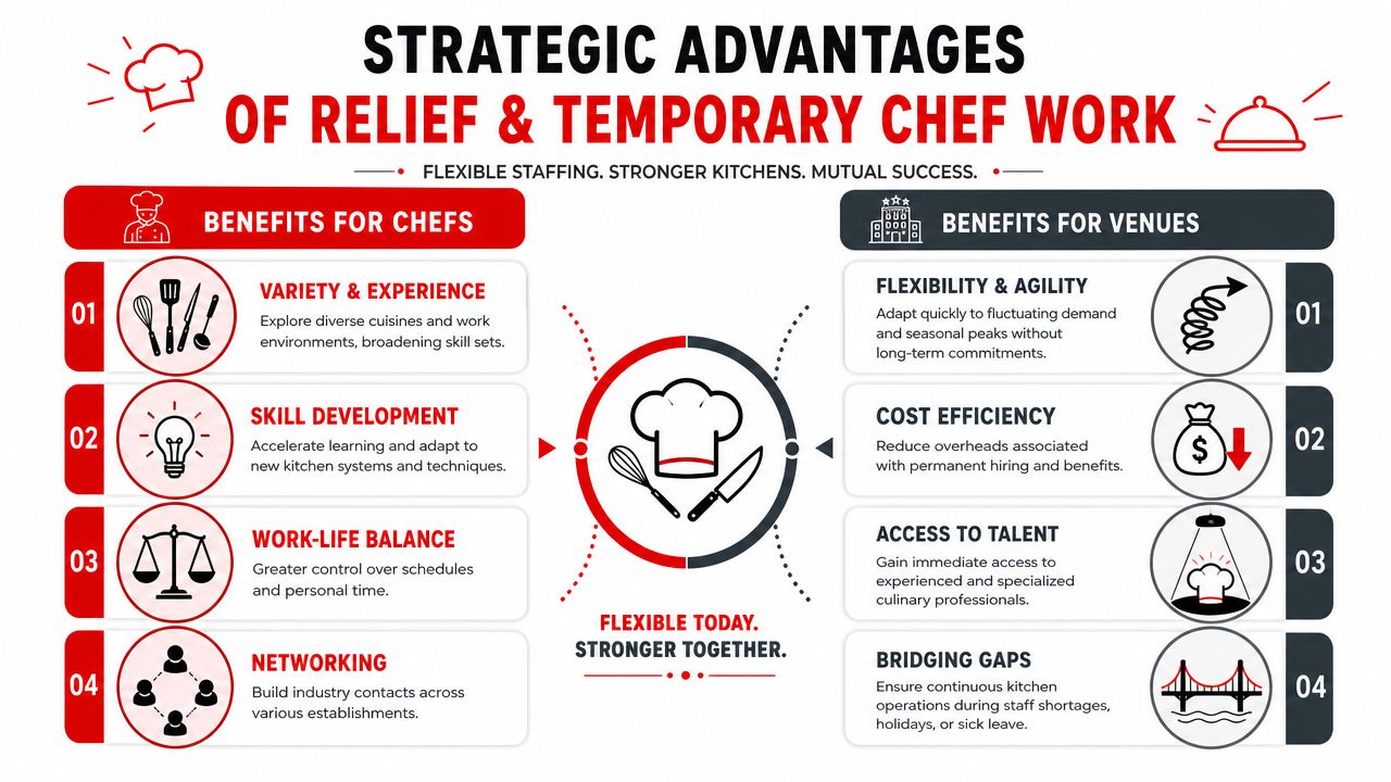 An infographic detailing the strategic advantages of relief and temporary chef work for both chefs and venues.