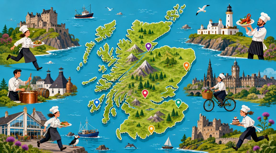 A whimsical illustrated map of Scotland featuring chefs cooking and serving food in various scenic locations.