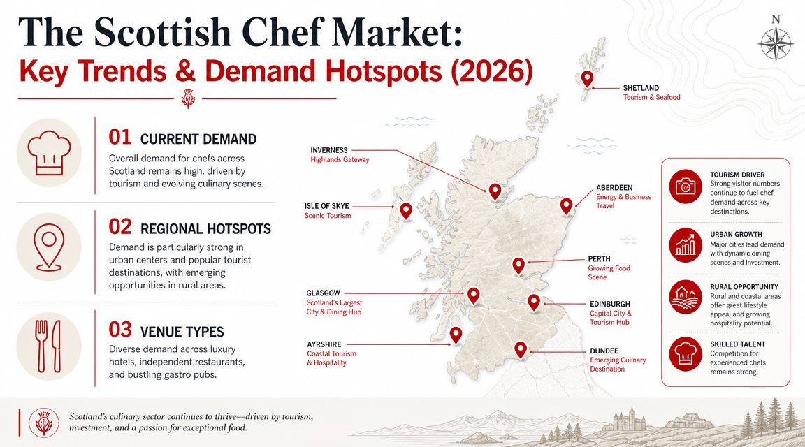 An infographic showing key trends and demand hotspots for chef jobs across various regions of Scotland in 2026.