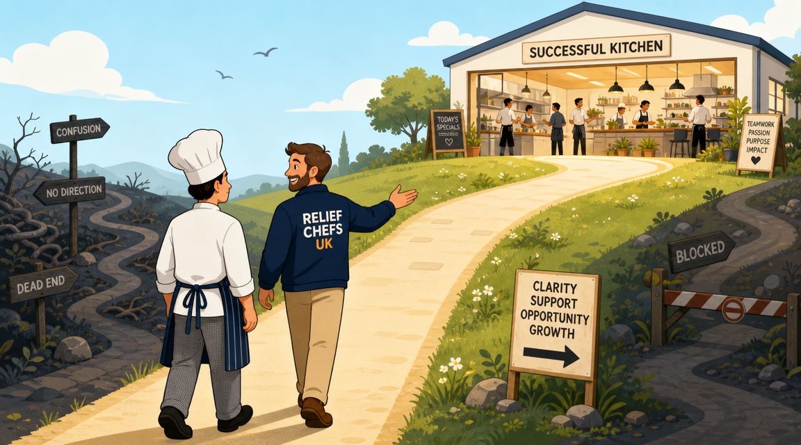 A professional mentor guiding a chef towards a successful kitchen and career growth opportunities.