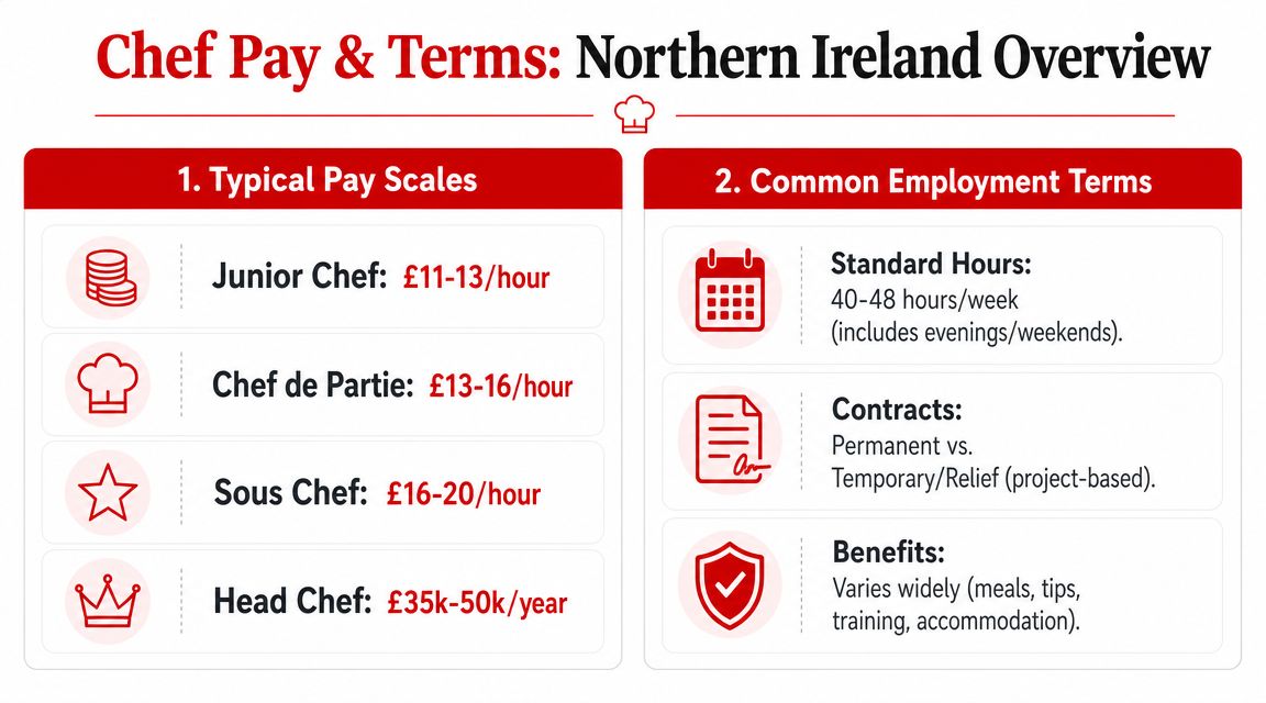 An infographic showing average pay scales and employment terms for chef roles in Northern Ireland.