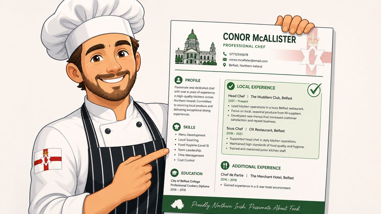 A friendly professional chef pointing to his printed resume showcasing experience in Northern Ireland restaurants.