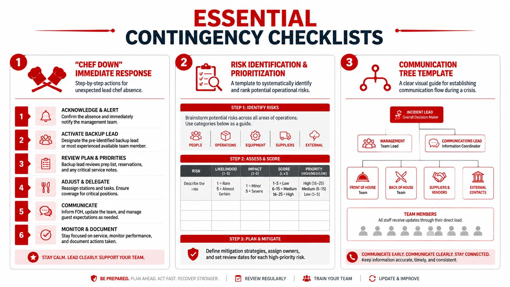 An infographic titled Essential Contingency Checklists providing restaurant operational guides for emergencies, communication, and risk management planning.