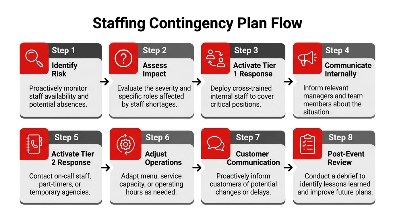 An eight-step infographic titled Staffing Contingency Plan Flow illustrating a logical process for managing staff shortages.