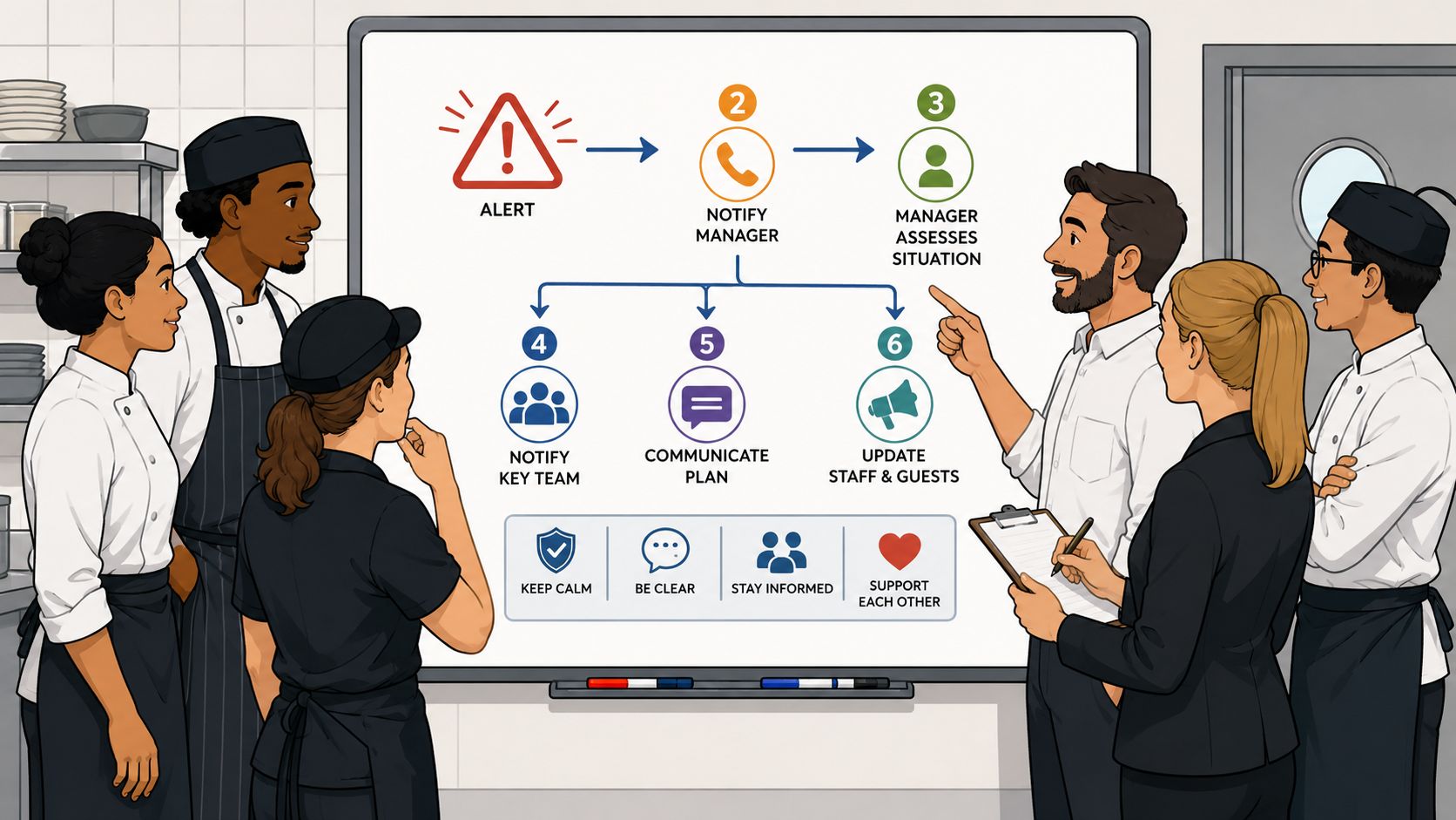 A professional team in a restaurant kitchen reviewing a safety contingency planning process on a whiteboard.