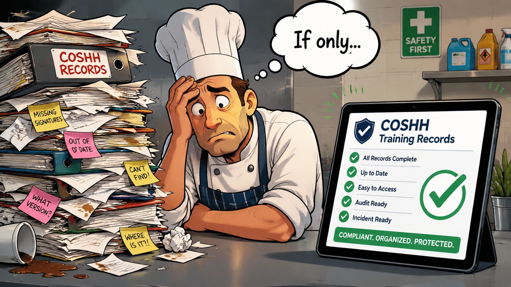 Stressed chef overwhelmed by messy paper COSHH records contrasted with a organized digital tablet compliance system.