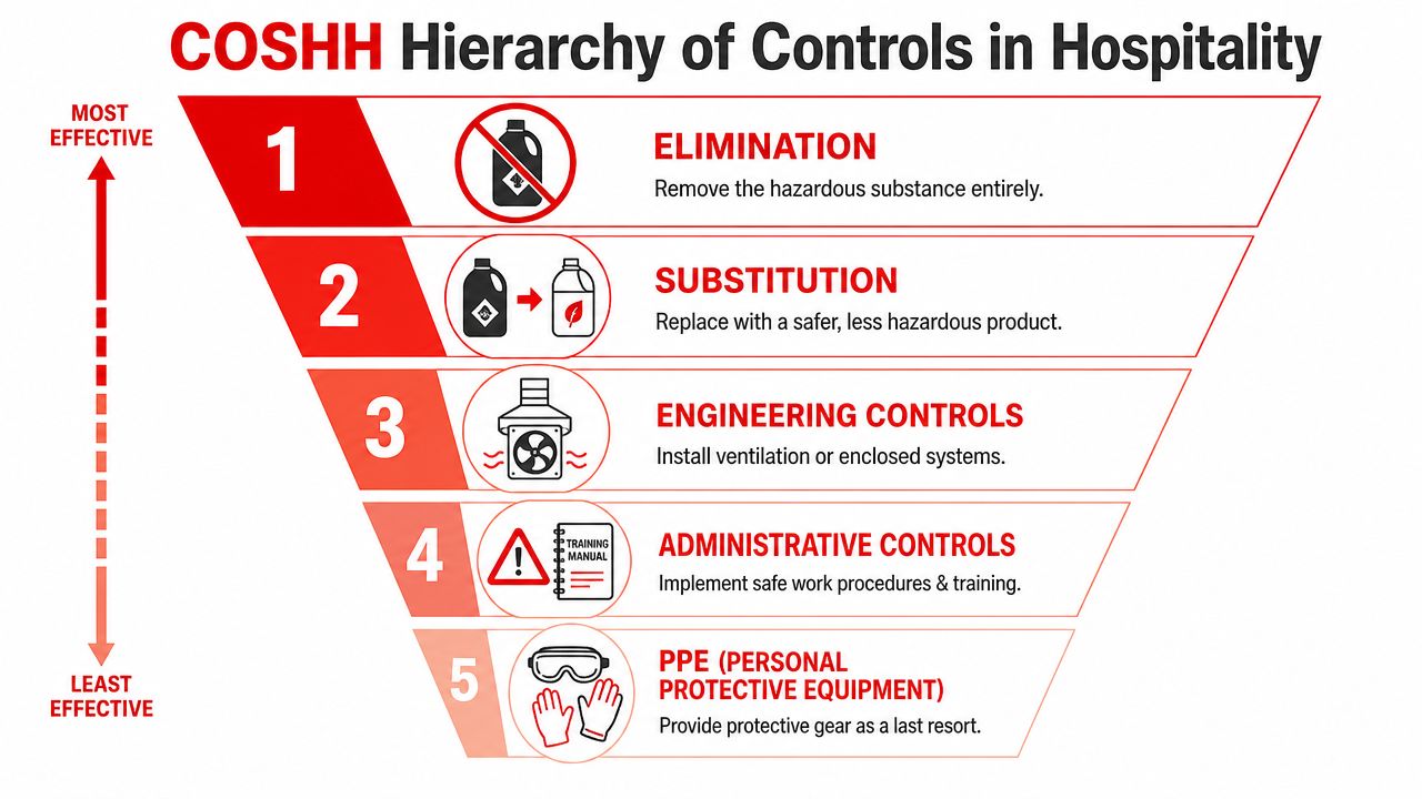 An infographic showing the five-level COSHH hierarchy of controls, ranked from most to least effective for workplace safety.