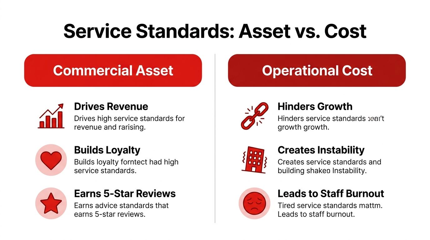 A comparison chart showing how service standards function as either a commercial asset or an operational cost.