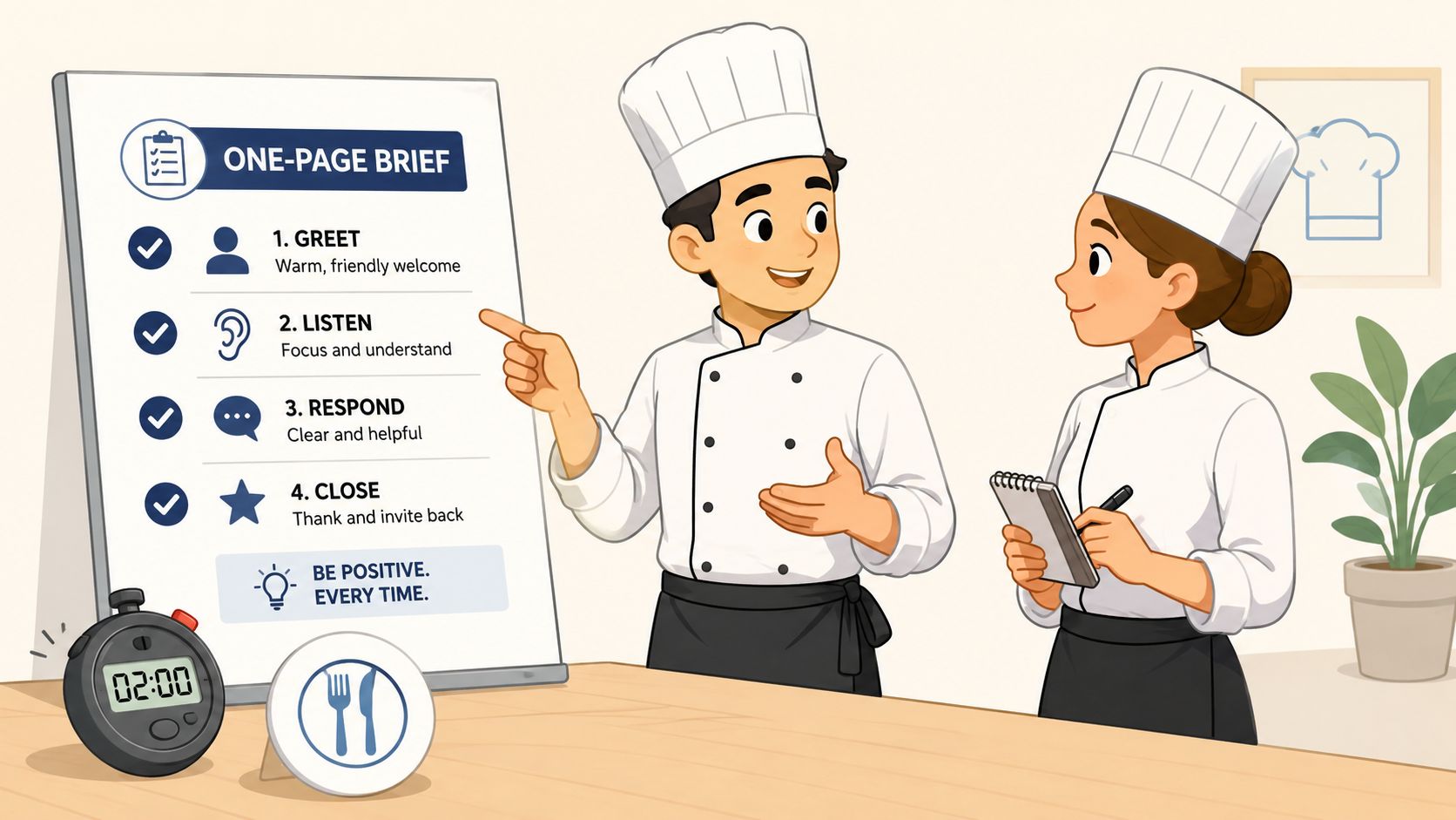 A male and female chef discussing customer service standards illustrated on a whiteboard with a timer.