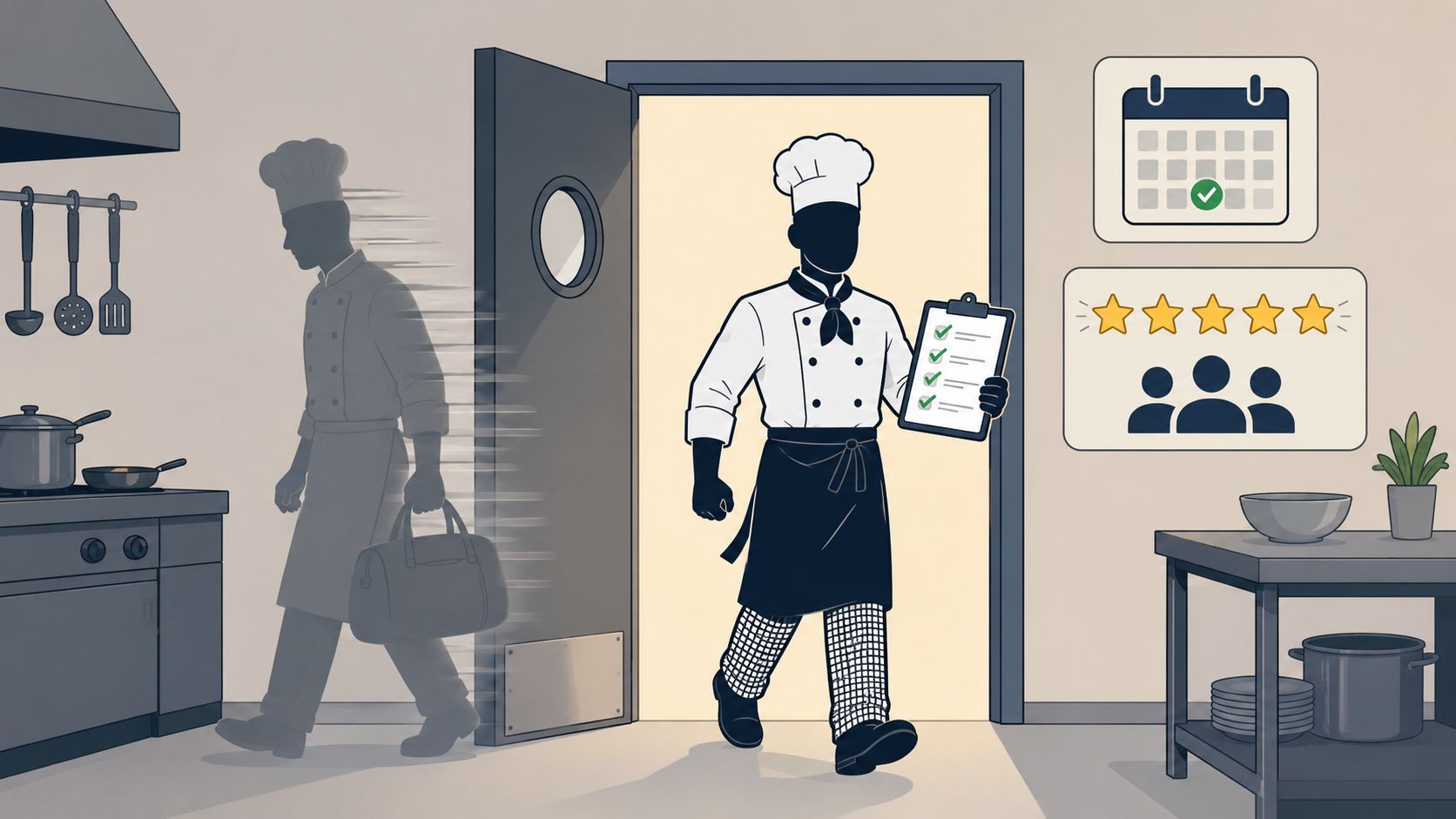 A chef leaving a kitchen while a new, organized chef enters, symbolizing improved professional customer service standards.