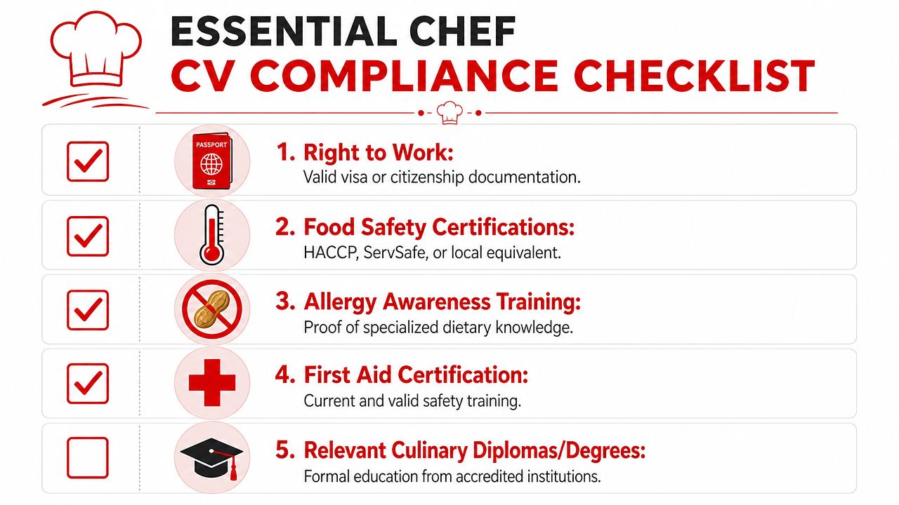 A checklist for a chef's CV covering right to work, food safety, allergies, first aid, and diplomas.