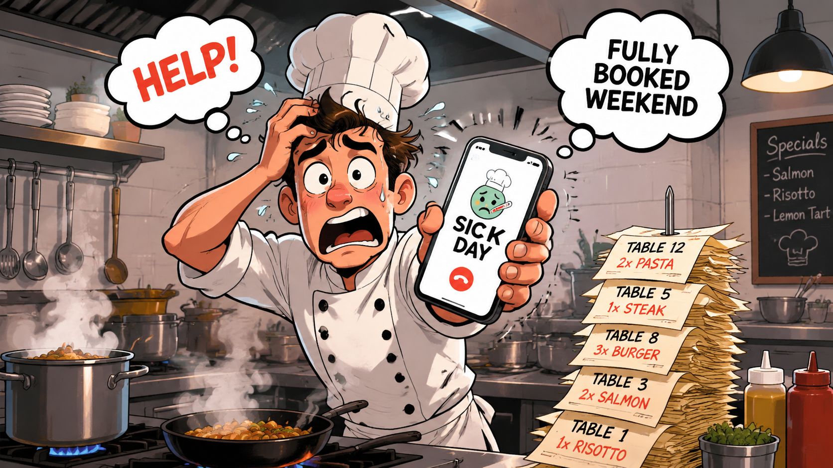 A stressed chef holds a phone showing a sick day notification during a busy, fully booked weekend.
