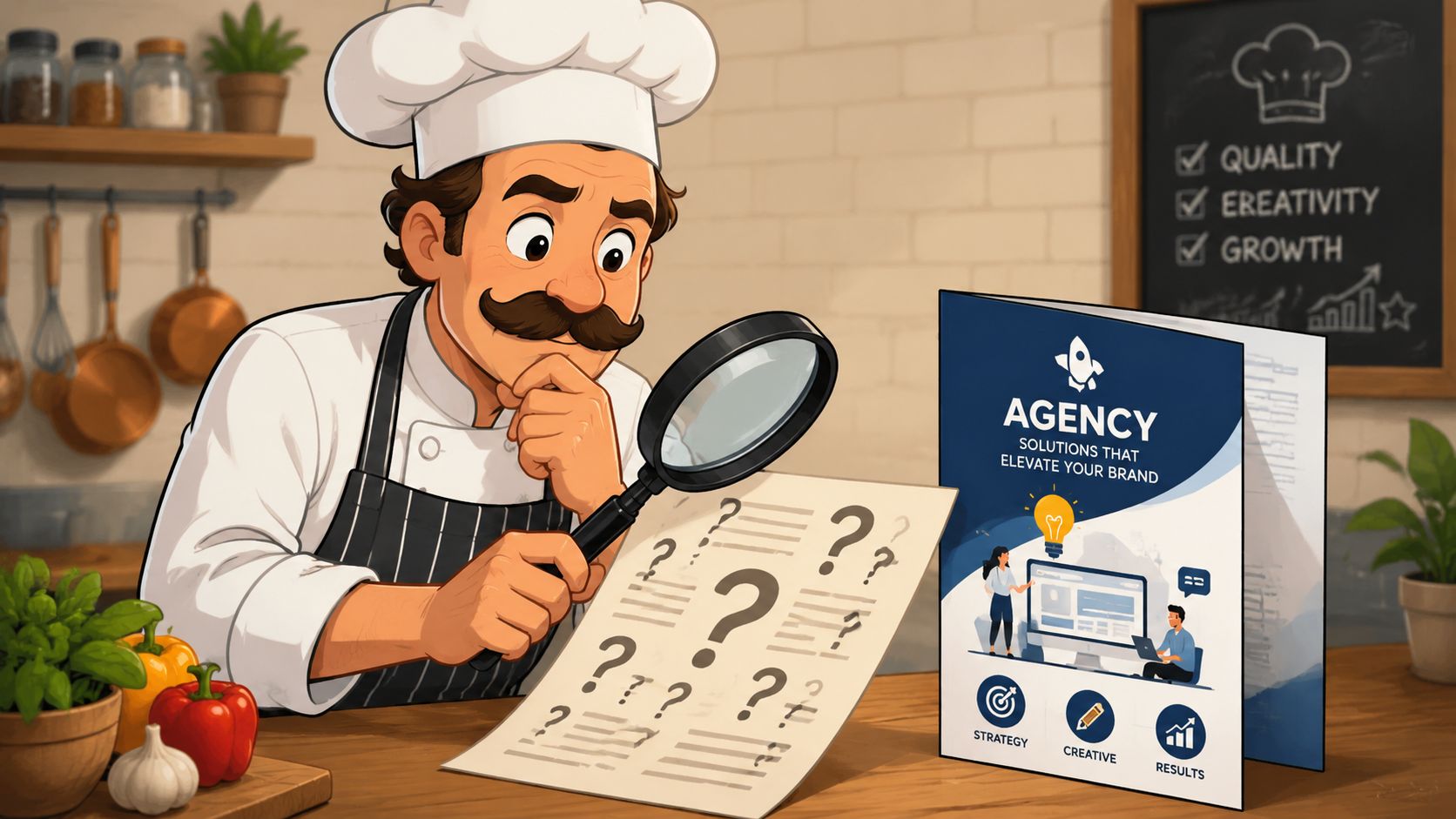 A cartoon chef looks through a magnifying glass at a document covered with many question marks.