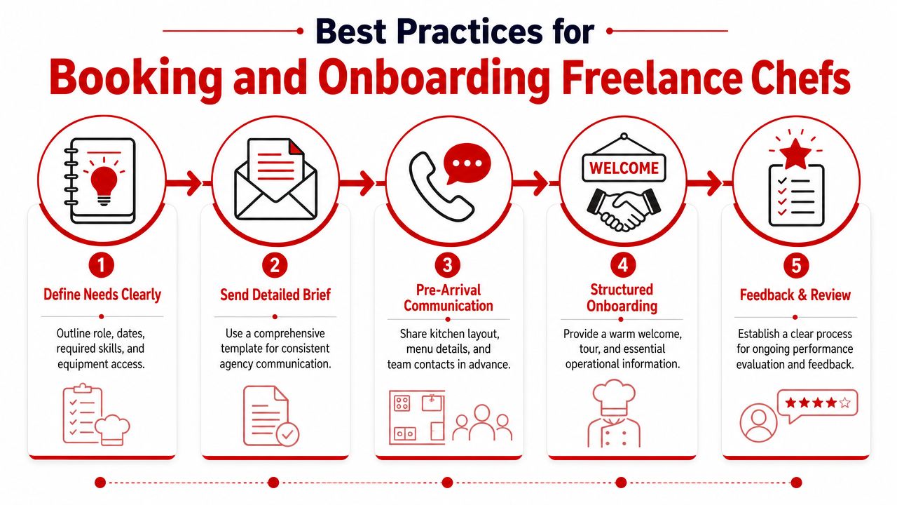 A five-step infographic outlining best practices for booking and onboarding freelance chefs in professional kitchens.