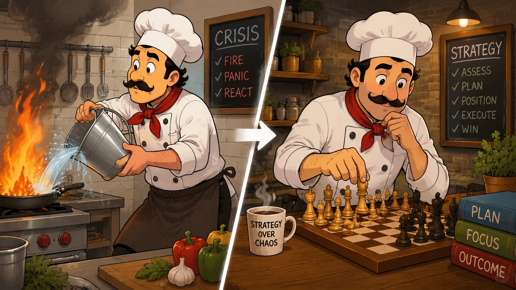 A split image showing a chef transitioning from managing a chaotic kitchen fire to strategic chess planning.