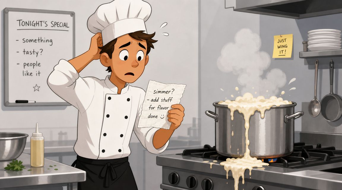 A confused young chef holding a recipe note while a cooking pot boils over on the stove.