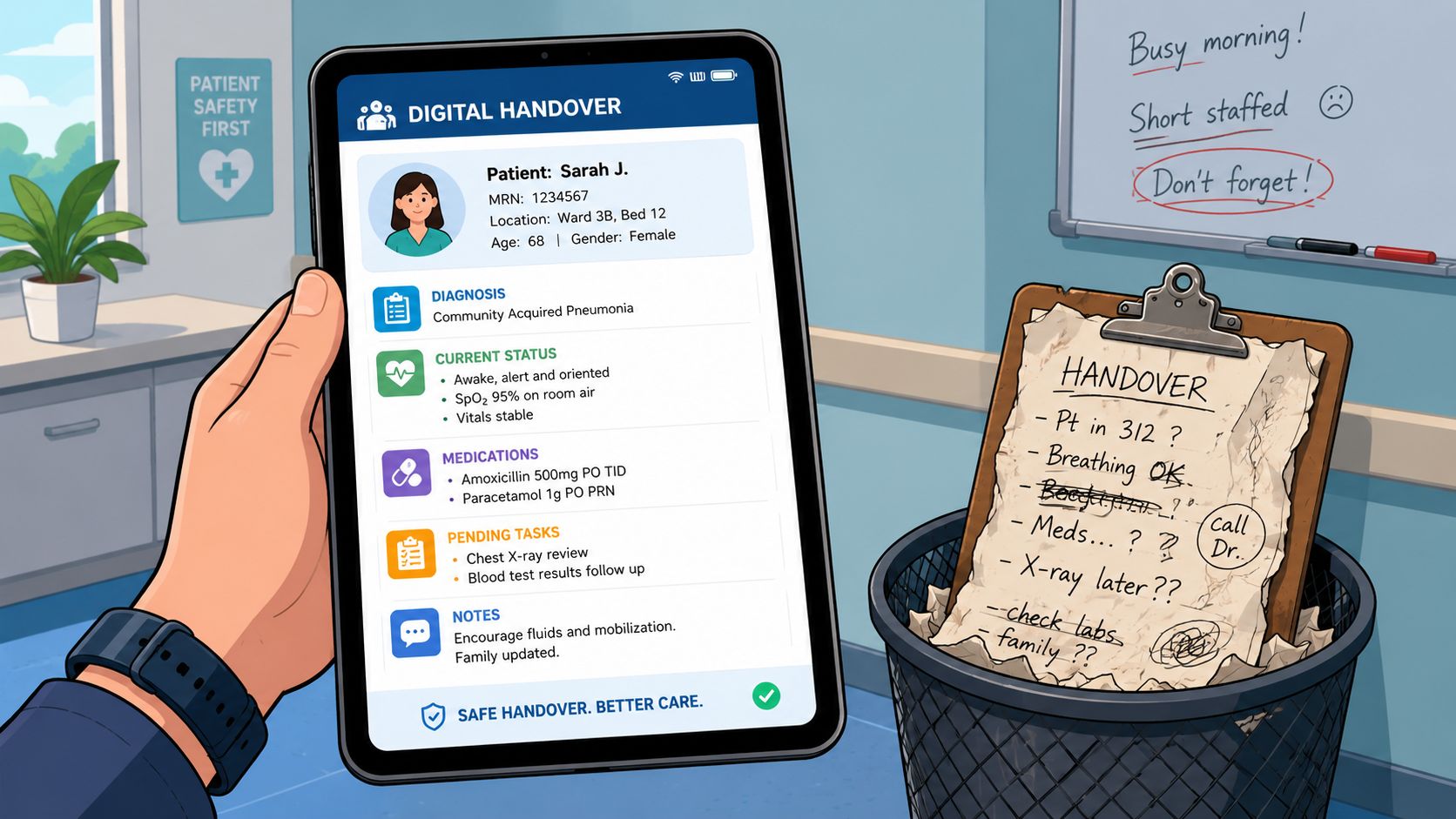 A healthcare provider holding a digital tablet with patient handover information beside a wastebasket containing crumpled paper notes.