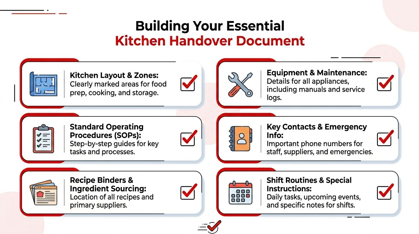 A checklist infographic outlining essential components for a professional kitchen handover documentation guide.