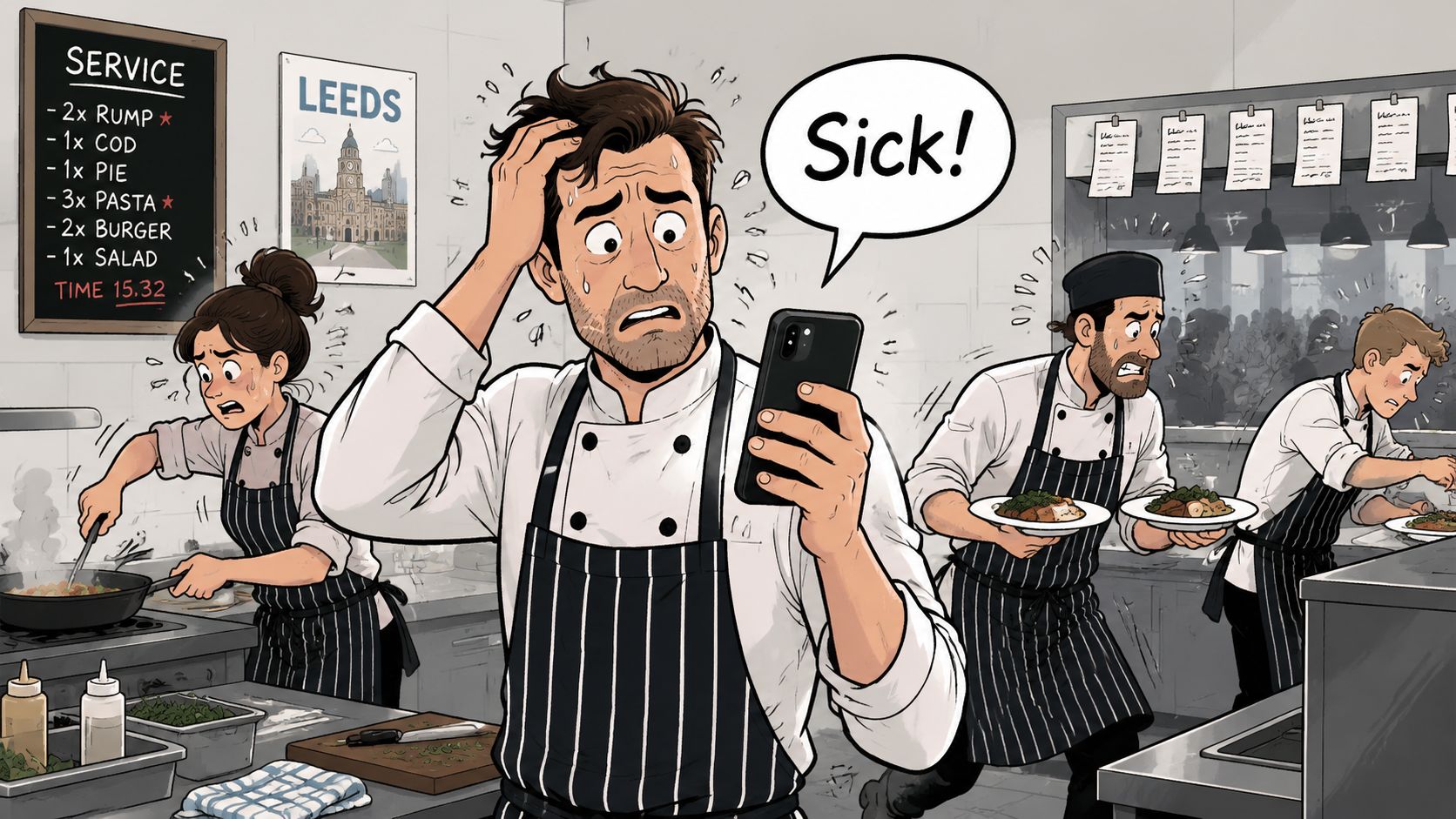 A stressed chef in a busy kitchen looking at his phone, illustrating the pressure of hospitality staffing.