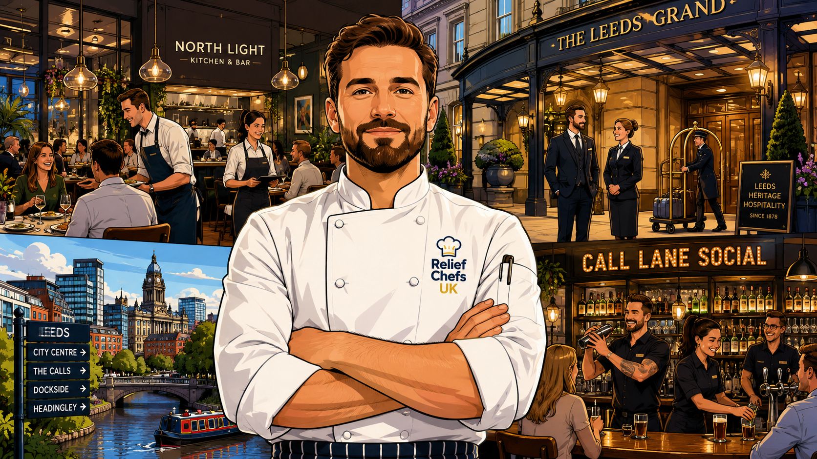 A professional chef stands in front of a collage showcasing diverse hospitality scenes across Leeds city.