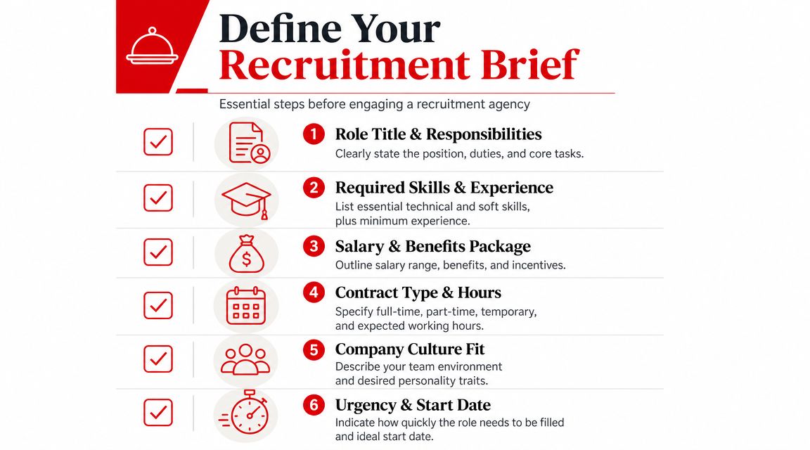 A checklist infographic outlining six essential steps for creating a recruitment brief for hiring agencies.