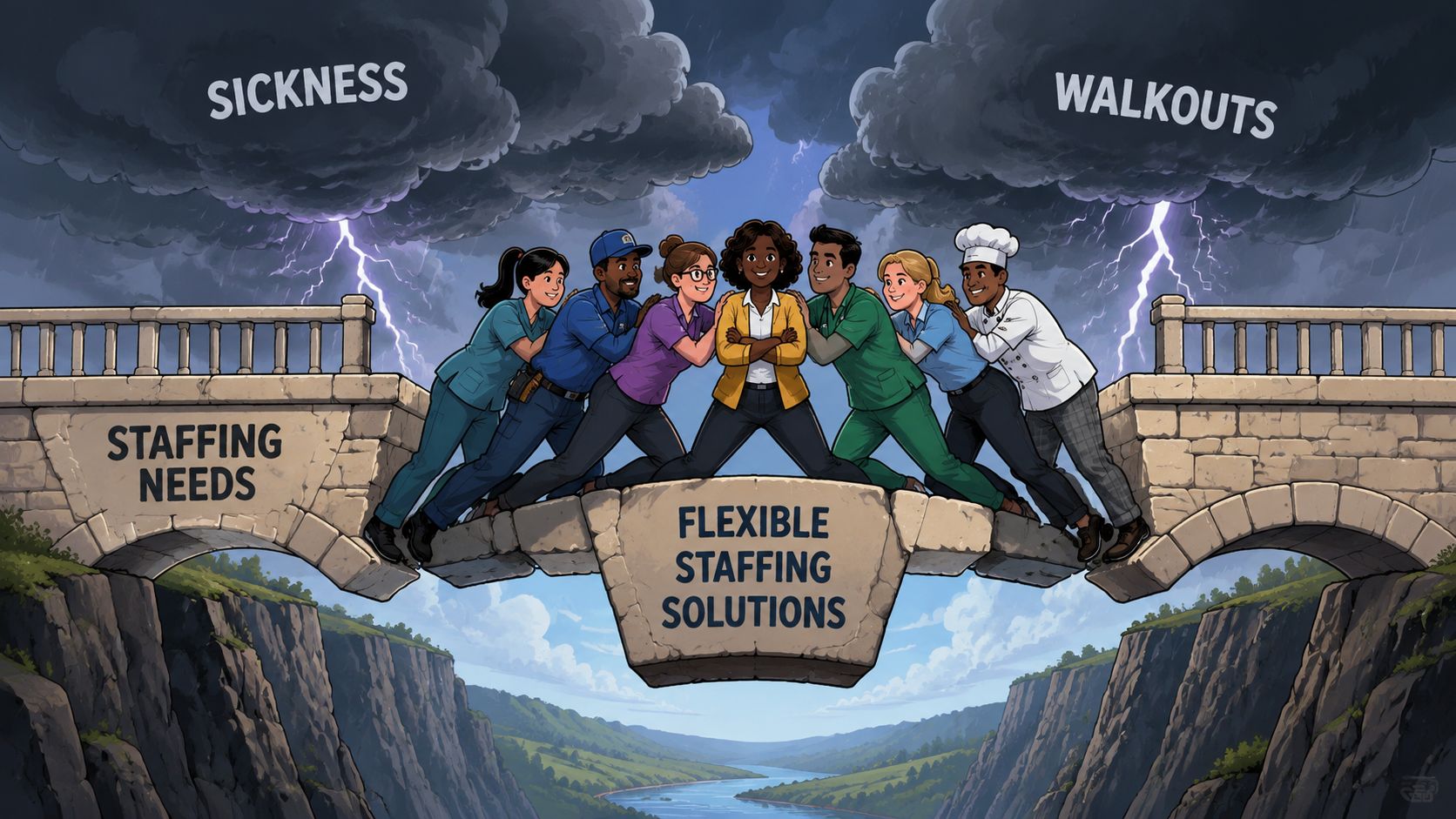 A diverse team holds together a bridge over a canyon, representing flexible staffing solutions solving business challenges.
