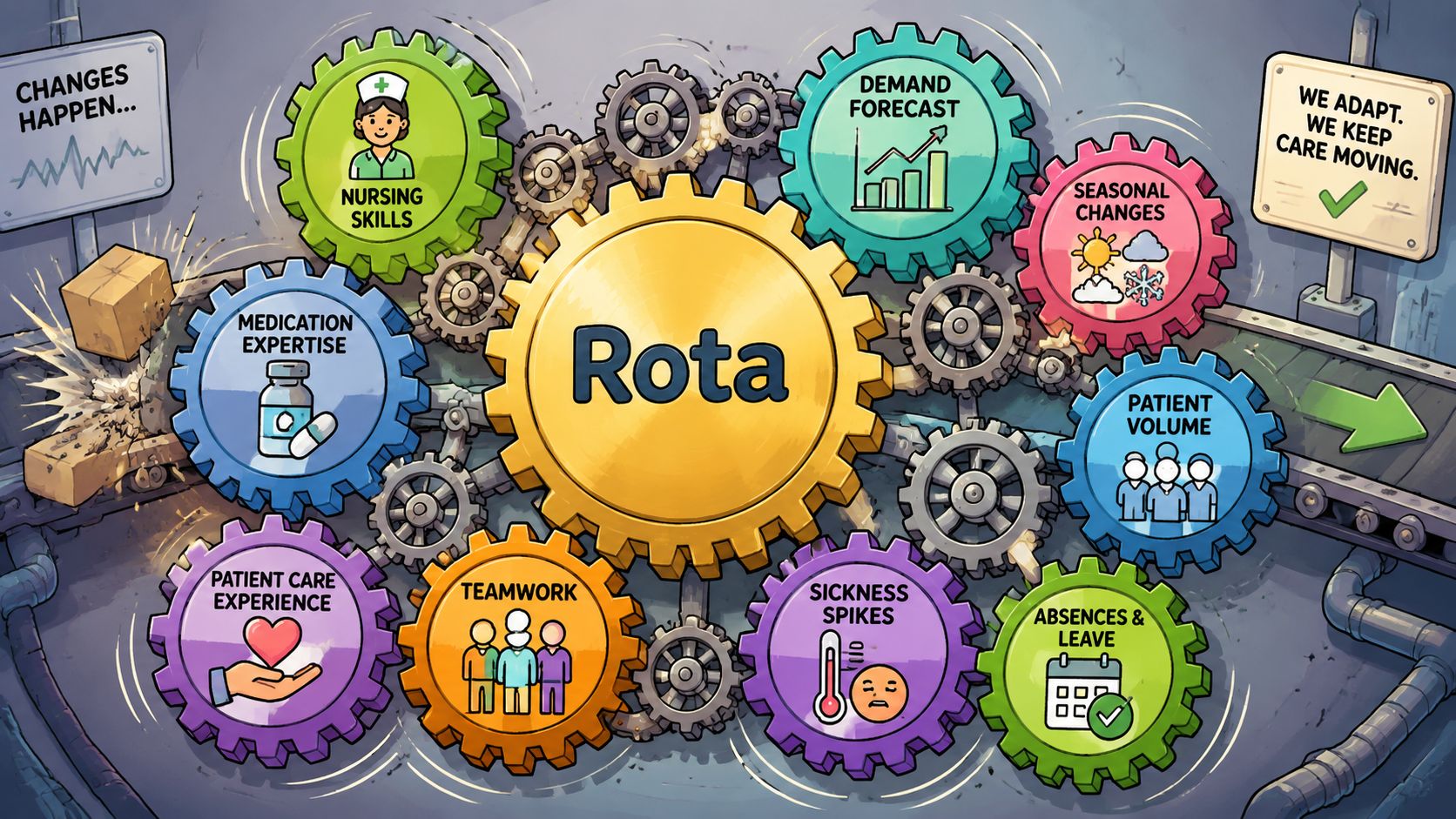 An illustrative diagram of interconnected gears representing factors influencing hospital staff rota scheduling and management.