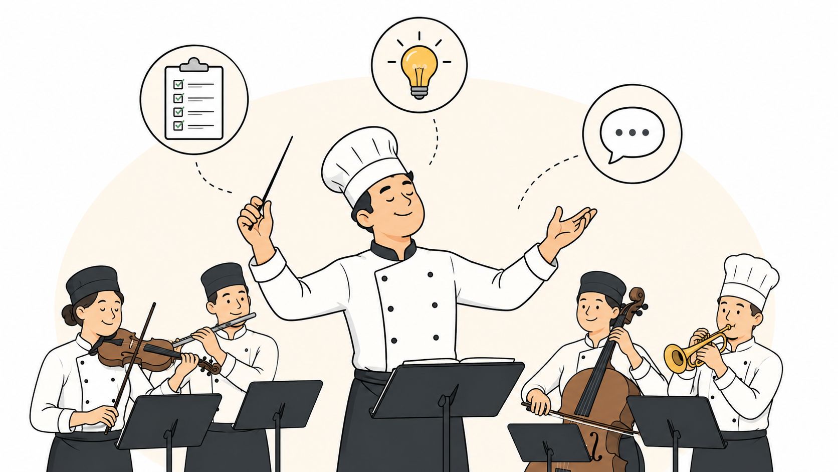 A conductor dressed as a chef leads an orchestra of musicians also wearing chef hats.