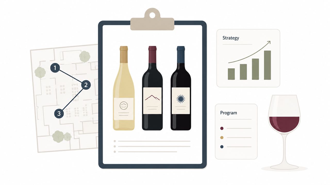 An illustration featuring a wine business strategy with bottles, a floor plan, and a glass of wine.