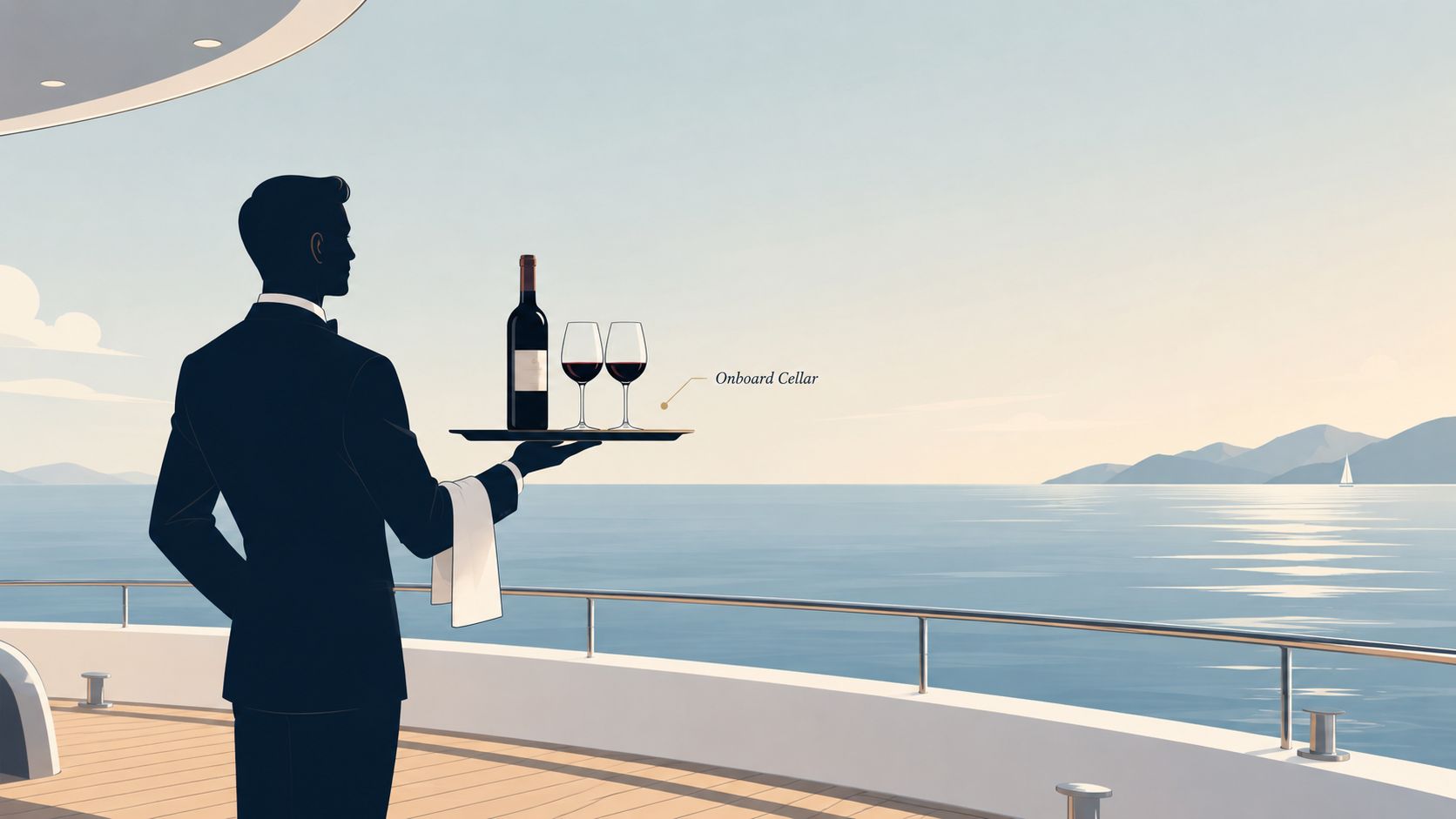 A silhouetted waiter in a tuxedo holds a tray with wine on a luxury yacht deck.