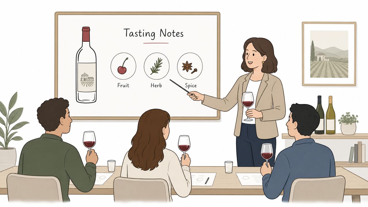A professional sommelier teaching a wine tasting to a group of students in a studio.