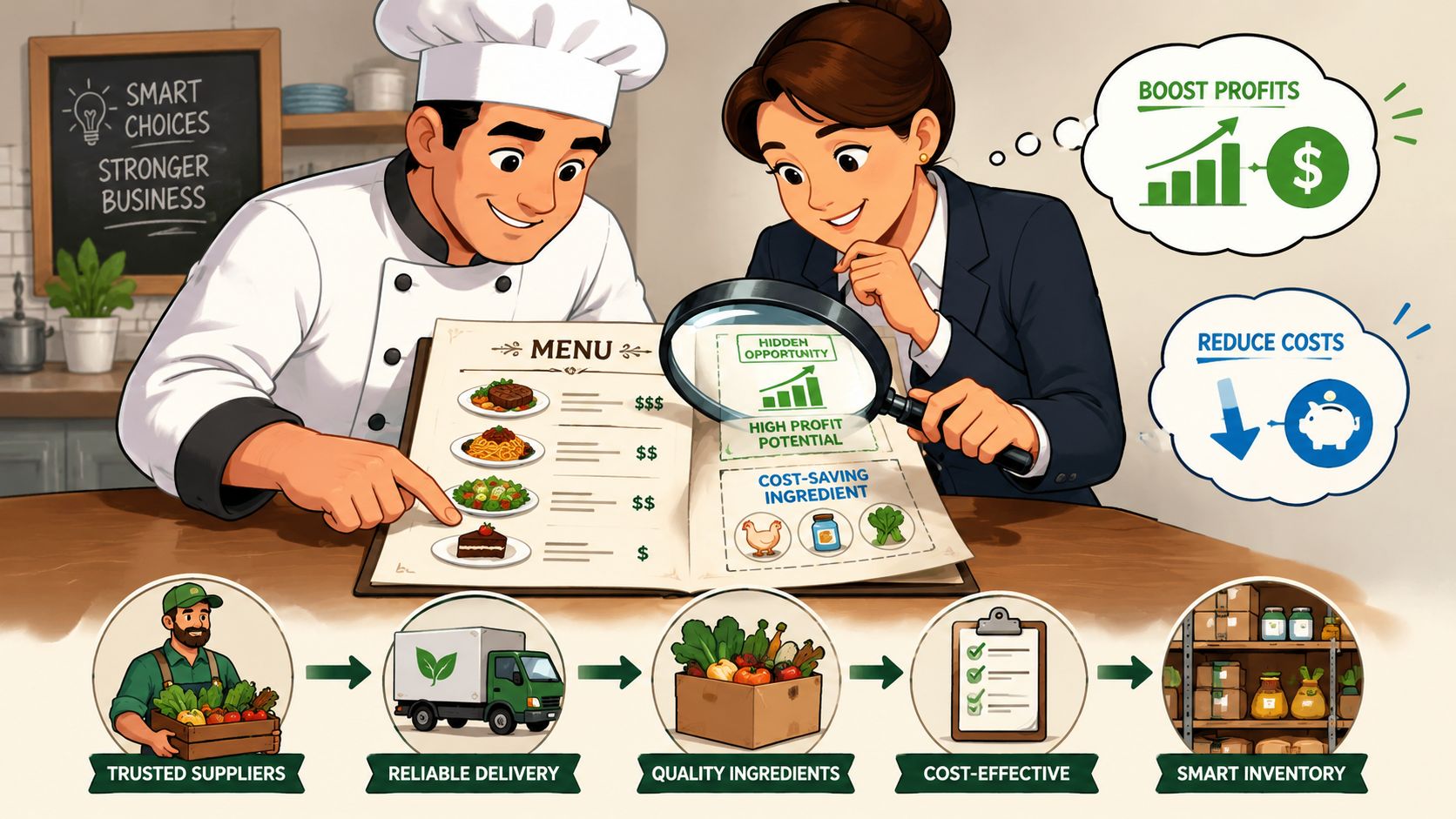 A chef and a business woman analyzing restaurant menu strategies to boost profits and reduce operational costs.